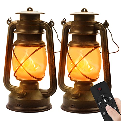 Hzitcigm LED Vintage Laternen Batteriebetrieben, 2 Stück LED Laternen für Draußen Hängend Laterne mit Fernbedienung USB Wiederaufladbare 4 Modi Realistische Flackerflamme Camping Deko für Garten