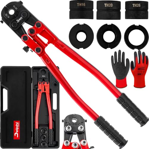 Delphi Presszange TH-Kontur 16-20-26 mm plus Schutzhandschuhe - Presszange Kupferrohr, Aluminiumrohre, PEX-Rohre, PB-Rohre, Kupferrohr-Fittings, Kupferverbindungen usw.