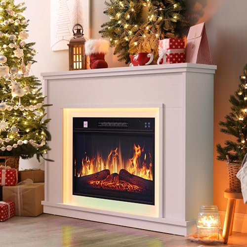 YITAHOME Elektrokamin, 23inch Realistischer 3D Flammeneffekt Erwärmungsfreistehender Elektrischer Kamin mit Timer und 24-Farb-LED-Lichtband und Fernbedienung