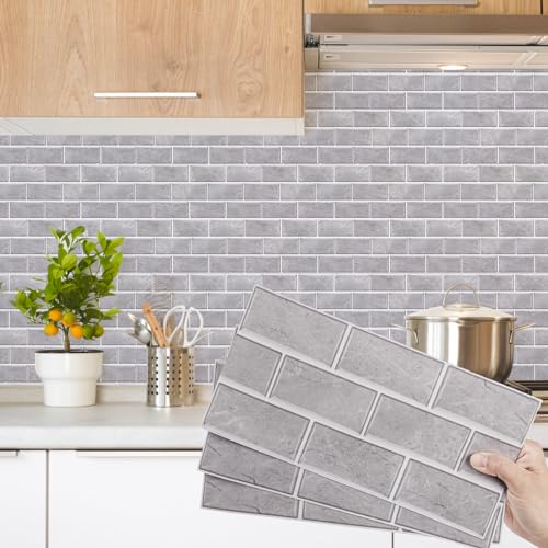 Decoroom Fliesenaufkleber Grau 12pcs/15x30cm Brick Vinyl Selbstklebende Fliesenfolie Wasserfes Wandfliese Sticker für Küche Backsplash Badezimmer, Mit PVC Fliesen klebefliesen