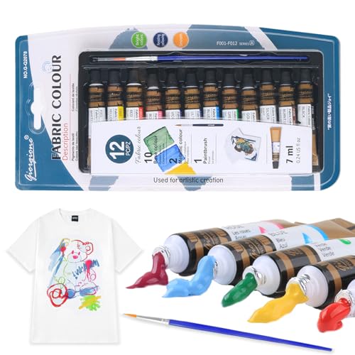 Caelura Textilfarbe Waschmaschinenfest, 12 x 7ml Stofffarben Waschfest, Stoffmalfarben Waschfest mit 1 Pinsel | Zum Bemalen von verschiedenen Textilien