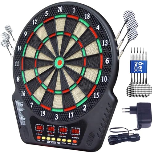 Elektronische Dartscheibe Set Elektrische Dartboard mit Sprachansagen,4 LED-Anzeigen, 6 Dartpfeil, 27 Spiele 243 Spieloptionen Profi E-Dart Board für Hause Party Garten Bar 1-16 Spieler, Schwarz