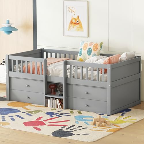 Merax Kinderbett 90x200 cm, Funktionsbett mit Stauraum, Holzbett mit Lattenrost & 4 Schubladen, Jugendbett mit Leiter und Rausfallschutz - Kiefer massivholz, ohne Matratze, Grau