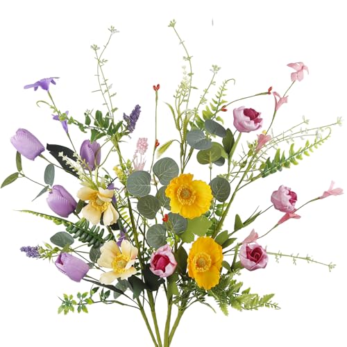 CEWUDA 4 Bündel Wildblumen Künstliche Rosen Blumen Seiden Kunstblumen Blumenstrauß wie Echt Künstlicher Mohn Blumenstrauß für Indoor Outdoor Geburtstag Hochzeit Partei Tischaufsätze Heim Dekor