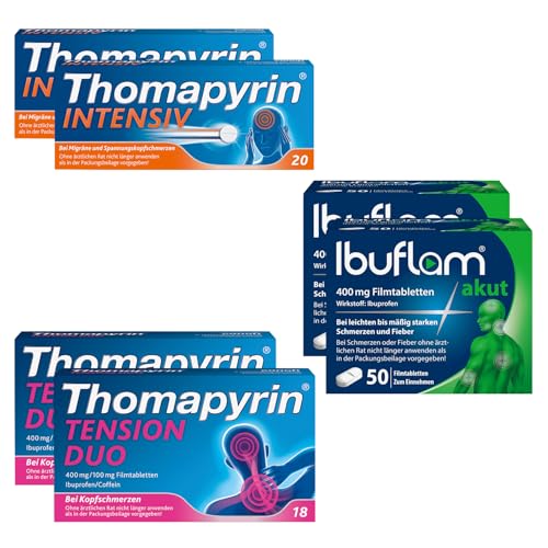 Thomapyrin INTENSIV 3-fach Kombination bei Kopfschmerzen und Migräne 2 x 20 Stk + Thomapyrin TENSION DUO bei Erkältungskopfschmerz 2 x 18 Stk + Ibuflam AKUT 400 mg Schmerztabletten 2 x 50 Stk