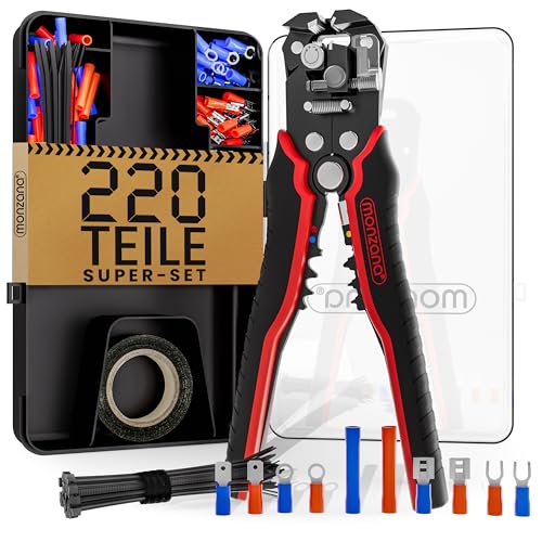 MONZANA® Abisolierzange 3in1 Set 220-teilig Zubehör Box 0,2-6mm² Stahl Automatisch Isolierband Kabelbinder Elektro Abisolierwerkzeug Crimpzange Kabel