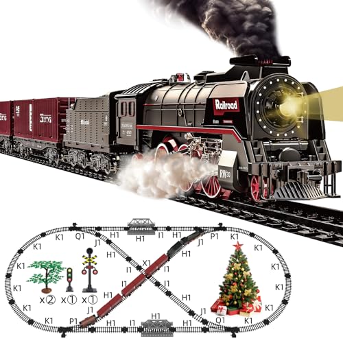 Hitish Eisenbahnset für Kinder, Elektrische Eisenbahnspielzeuge mit Realistischen Lichter Geräusche Rauch, Weihnachtszug Modell Geschenke, Dampflokomotive, Luxus Schiene & 3 Lastwagenwaggons