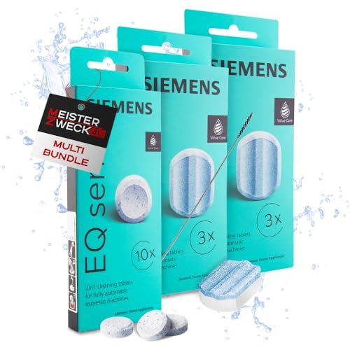 MEISTERZWECK4U 10x Reinigungstabletten & 6x Entkalkungstabletten inklusive Reinigungsbürste, kompatibel mit Siemens EQ Series Kaffeevollautomaten - Reinigung & Kalkentfernung für Kaffeeautomat