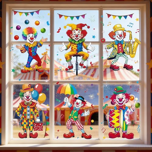 6 Blatt Fensterbilder Karneval,Selbstklebend Clown Fenster Aufkleber,Fenster Abziehbilder Sticker,Wiederverwendbar Clown Fensterdeko,Karneval Tiere Fensteraufkleber Clown,Karneval Zirkus Deko