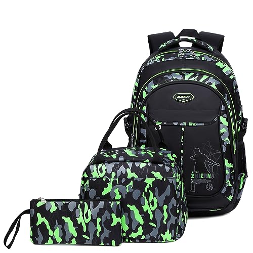Schulrucksack Jungen Teenager Rucksack Kinder Schultaschen Kinderrucksack Camouflage Rucksäcke Jugendliche Teens Schule Daypacks 3-In-1 Schultertaschen Set Mit Schulranzen Lunchpaket und Federmappe