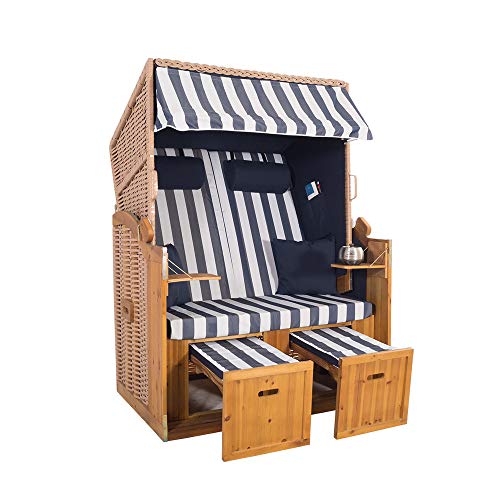 2-Sitzer Strandkorb Hörnum - Volllieger mit Fußablagen – inkl. Nackenkissen und Kuschelkissen Set - (Geflecht - Natur, Blau - Blockstreifen)