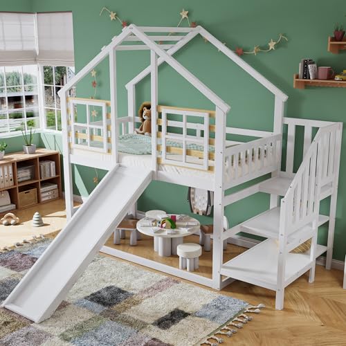 Aoskem Kinderbett Etagenbett 90x200, Hochbett Hausbett Holzbett mit Treppe & Rutsche, Bettgestell mit Rausfallschutz und Gitter, Bett mit 1x Lattenrost, Bettrahmen aus Massivholz, Ohne Matratze, Weiß