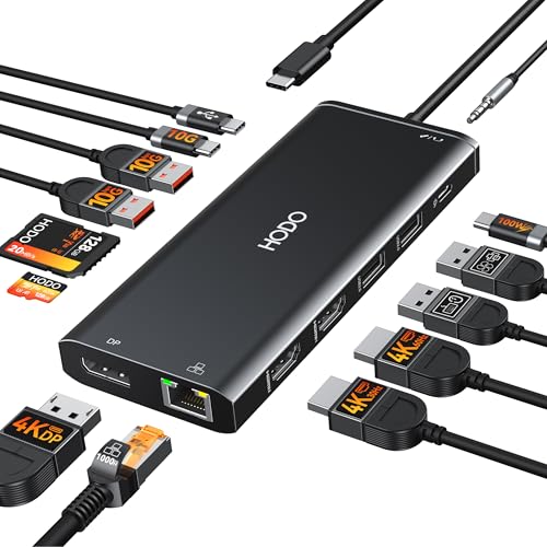 HODO Dockingstation Laptop 2 Monitore, Triple Display Docking Station USB-C Hub 14 in 1 mit Dual HDMI, DisplayPort, 10Gbps USB C/A, Ethernet, PD 100W, SD TF Kartensteckplatz für Dell/HP/Lenovo