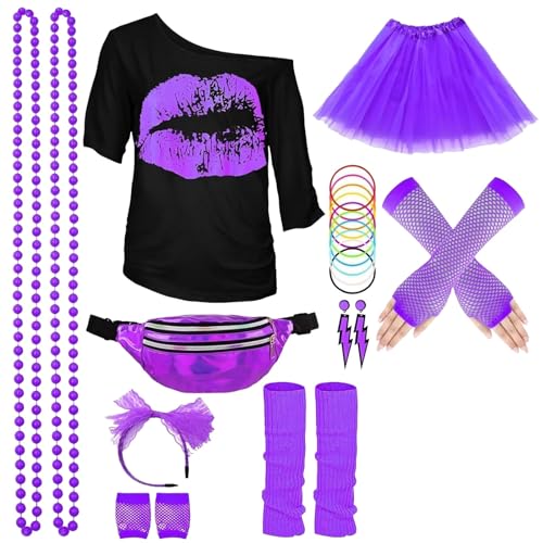 faschingskostüme damen,80er Jahre Outfit Damen Set,T-Shirt,Tutu,Gürteltasche,Stirnband,Ohrring,Halskette,Netzhandschuhe,80er Jahre Kleidung Kostüm Neon Thema Party Karneval,kostüm damens,tüllrock