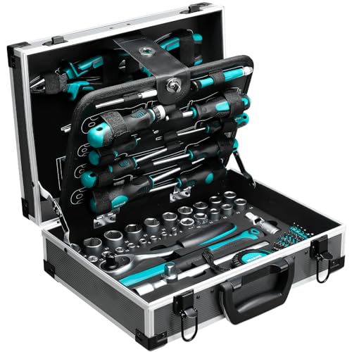 TLGREEN Alu-Werkzeugkoffer Gefüllt 122-tlg Werkzeug Set Werkzeugkasten Werkstattkoffer bestückt Werkzeugkiste mit Steckschlüssel Schraubenzieher usw. für DIYer Handwerks Heimwerker Haushalt Werkstatt
