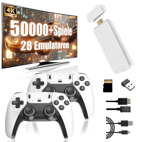 KINMRIS M15 Retro Konsole 4k, Tragbare Video Emulator Spielekonsole mit eingebauten 50000+ Klassische Spiele 28 Emulatoren, Plug and Play Spiel Stick für TV mit 2 x 2.4G Spiel Kontrolleure(128G)
