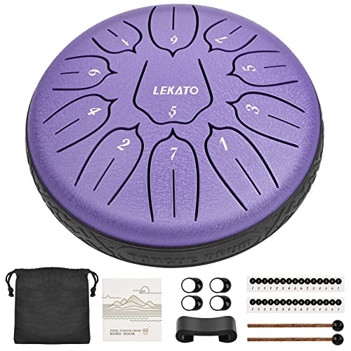 LEKATO Zungentrommel 6 Zoll, Tongue Drum mit 11 Tönen, D-Dur, Legierter Stahl, mit Stoffbeutel, Steel Pan Schlaginstrument für Anfänger, Handpan Drum für Klangheilung Meditation Yoga, Lila