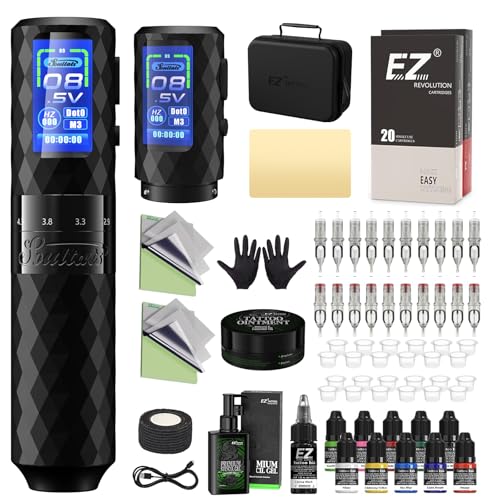 EZ Tattoo Maschinen Set - Tattoo Set mit 6 Hübe 2,5–4,8mm Kabelloser Tattoo Maschine, Extra 1600mAh Stromversorgung Akku, 20 Stück Tattoo Nadeln für Tattoo Anfänger und Künstler
