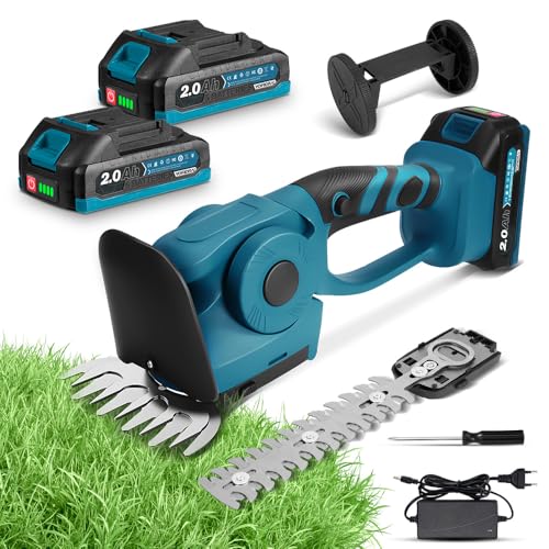 Yofidra Heckenschere & Grasschere, Elektrische Grasschere mit 2 x Messern, 21V Rasentrimmer mit Akku 2 in 1 Heckenschere Elektrische 90° Verstellbarer Kopf 130mm & 220mm für Garten und Hecken