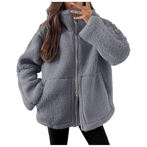 Generisch Rot Winterjacke Damen Warm Fleecejacke mit Kapuze Elegant Teddyjacke Bequem Übergangsjacke Reißverschluss Kuscheljacke Dicke Damenjacken Einfarbig Hooded Jacken mit Taschen Outdoorjacke S