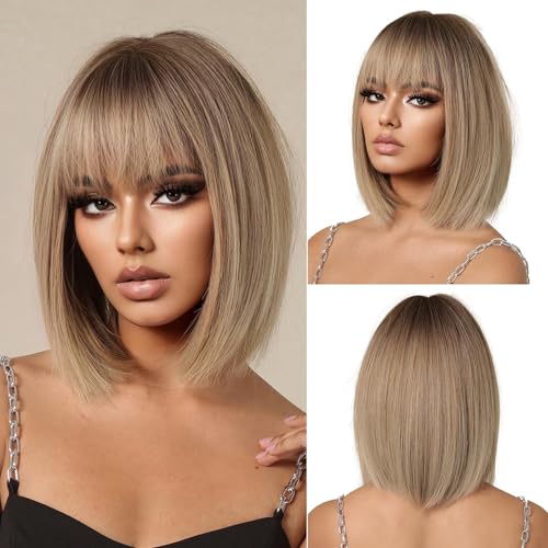 OUFEI Ombre Blonde Bob Perücke mit Pony Kurz Gerade Perücke für Frauen Synthetisches Haar Perücken Cosplay Täglich Party Gebrauch