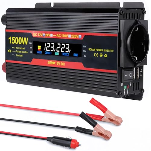 Spannungswandler 12V 230V,Wechselrichter 1500W, Spannungswandler Stromumwandler Inverter,1 Ac Steckdose & 2 USB Port,Alligatorclip Zigarettenanzünder Stecker Power Inverter für Auto KFZ Wohnwagen LKW