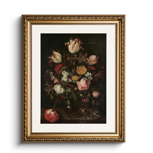 HUARCEY Leinwand Bilder mit Gold Rahmen, klein Vintage Wandbilder, Barockes Blumen Stillleben Painting, Wand Deko Wohnzimmer Schlafzimmer Badezimmer Küche, Bauernhaus Deko Aesthetic,33x40cm