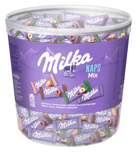 Milka Naps Mix – Mini-Schokoladentäfelchen in 4 Sorten: Alpenmilch, Erdbeer, Haselnuss, Crème au Cacao – 1 x 1kg