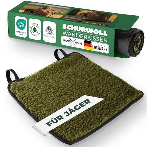 Novaliv Jagdkissen Schurwolle 38 x 38 cm Moosgrün, Ansitzkissen mit wasserabweisender Polyamid-Unterseite (PU), warm & isolierend, atmungsaktiv, /leise, Hochsitz Kanzel Bodensitz, leicht & kompakt
