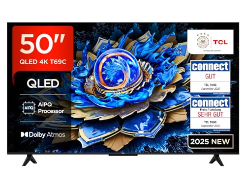 TCL 50T69C 50 Zoll QLED, Direct LED TV, 4K HDR TV, Smart Google TV (Dolby Vision & Atmos, Motion Clarity, Kompatibel mit Google Assistant & Alexa)
