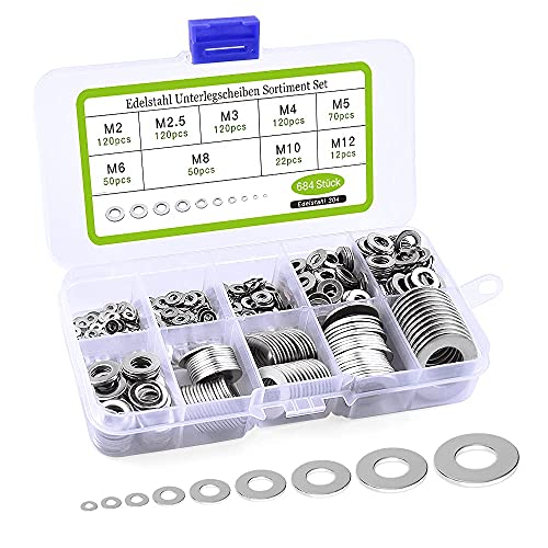 Dalifer Unterlegscheiben-Set aus Edelstahl, 684-teilig, flache Unterlegscheiben, Sicherheitsscheiben-Sortiment-Set, mit einem Sortimentskasten, insgesamt 9 verschiedene Größen M2 M2,5 M3 M4 M5 M6 M8