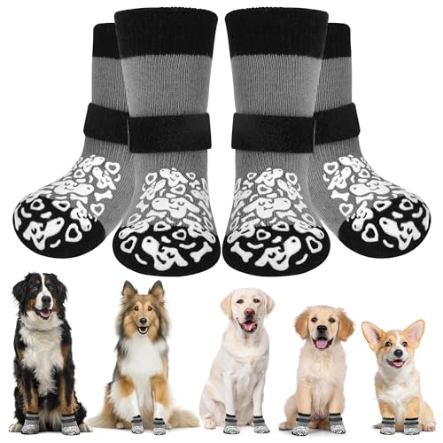 Apoway 4 Stück rutschfeste Hundesocken Anti Rutsch, Pfotenschutz Hund wasserdicht mit verstellbaren Riemen und zweiseitiges Silikon, Antirutschsocken Hund für Kratzern/Hitze/Kälte/Leckschutz, XL