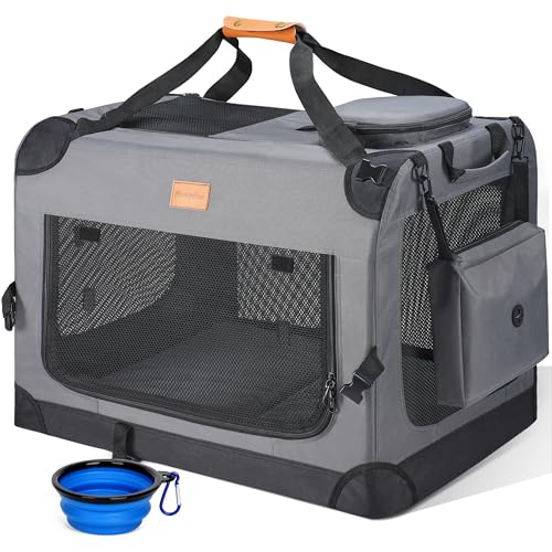 Morpilot Transportbox Hund Katze Transporttasche M 60x42x42cm, Hundebox Auto Faltbare Hundetransportbox, robust Haustier-Transportbox inkl. Hundenapf & Schultergurt