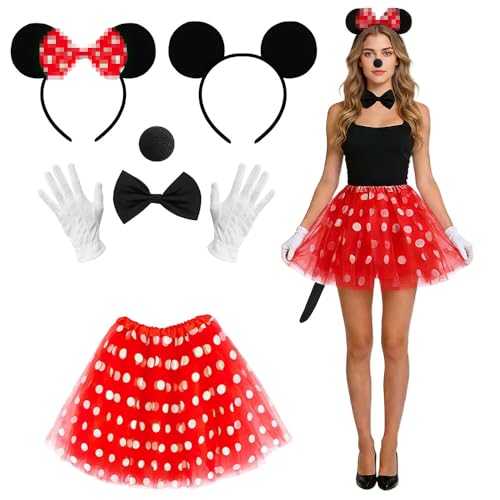Yi'antai Damen Maus Mouse Kostüm, Mouse Kostüm Damen Rot Tutu mit weiß Gepunktet, Haarreifen mit Maus Ohren, Mouse Kostüm Set mit Handschuhe Nase, Damen Mädchen Faschingkostüme