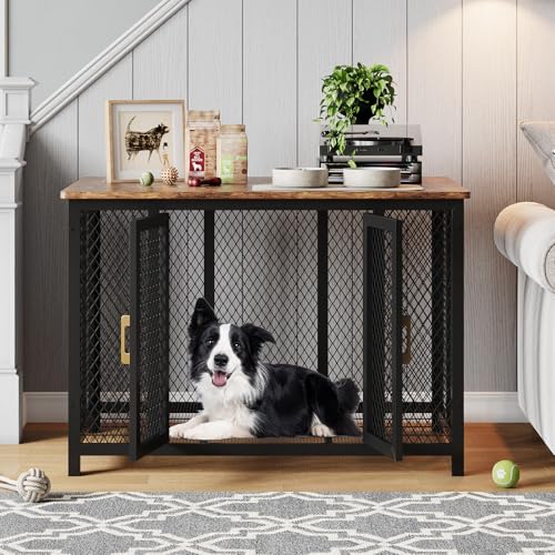 Thaookte Hundekäfig Möbel, Hochbelastbar Hundebox Aus Holz Für Den Innenbereich Mit Futtertür Oben, Mehrtür-Design, Großer Hundekäfig-Beistelltisch, 118.5 x 78 x 82.5 cm, Vintage Braun