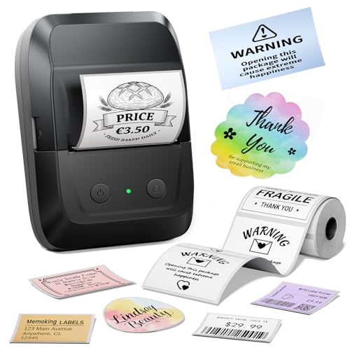 Memoking Bluetooth Label Printer, Etikettendrucker Selbstklebend mit 2000 Symbolen und 300 Vorlagen,Thermo Sticker Labeldrucker Plotter für Einzelhandel,kleine Unternehmen, Schule,Heim mit Handys & PC