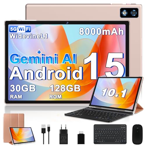 2026 Neuestes Android 15 Tablet 10 Zoll mit Gemini AI, 30 GB RAM + 128 GB ROM, 8-Core 2,0 GHz, 8000 mAh, GMS, Widevine L1, GPS, OTG, 5G WiFi 6 & BT 5.0, Tablet-Sonderangebot mit Tastatur und Maus–Gold