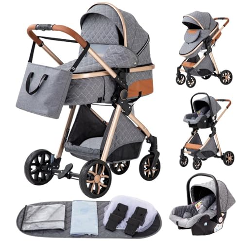YAZOCO kinderwagen 3 in 1,Kombikinderwagen reisesysteme mit tragbar Wickeltasche Moskitonetz Regenschutz Fußsack, Zusammenklappen, Liegeposition Hohe Landschaft (4 grau)