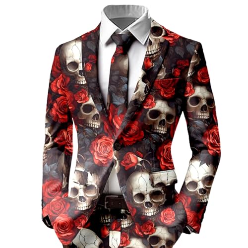 Kostüm Herren Halloween, Halloween Kostüm Herren Anzug - Totenkopf Aufdruck Tuxedo Formell Anzug 1 Knopf Smoking Horror Regular Fit Party Jacke Normaler Schnitt Festival Outfit Langarm Herrenanzug