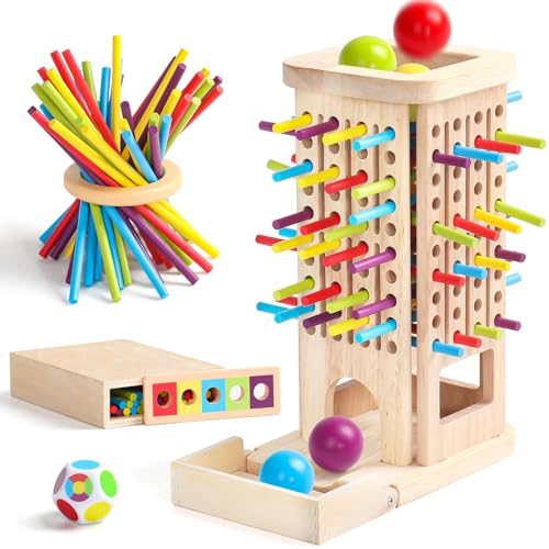 Akokie Montessori Spielzeug ab 3 Jahre Spiele ab 3 4 5 Jahren 3-IN-1 Brettspiele Lernspiele ab 4 Jahre mit 40 Holzstäbe, Aufbewahrungsbox Klassifizierung Farblernturm Kinderspiele Reisespiele Kinder