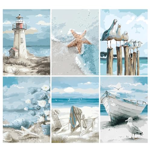HTGWCG 6 Stück Malen nach Zahlen Erwachsene, Maritimes Strandmotiv Malen nach Zahlen Set Mit Pinseln und Acrylfarbe, DIY Handgemalt Landschaft am Meer malen nach zahlen Ohne Rahmen Kit 20 X 30 CM