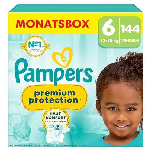 Pampers Premium Protection Größe 6, 144 Windeln, 13kg-18kg, Doppelter Schutz für die Haut und vor Auslaufen