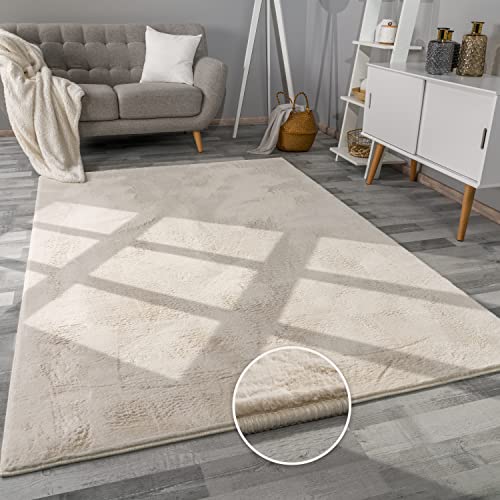 Paco Home Teppich Wohnzimmer Kunstfell weich waschbar modern elegant pflegeleicht Felloptik Uni Seidenglanz flauschig Kurzflor, Grösse:80x150 cm, Farbe:Creme