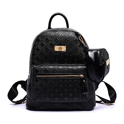 DEERWORD Damen Rucksack Taschen Frauen Elegant Tasche Stadtrucksack Rucksackhandtasche Vintage PU-Leder 5703 2-teilig Set Schwarz
