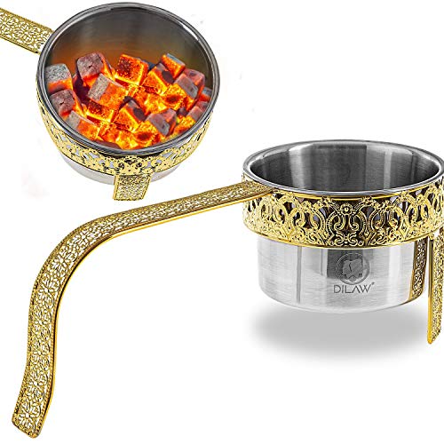 DILAW® Shisha Kohlekorb Oriental Flach Edelstahl Kohlebehälter für Shisha Kohle & Grill Kohle Char-Basket Holzkohlekörbe mit Sicherheitsgriff Hookah Zubehör, Farbe:Gold