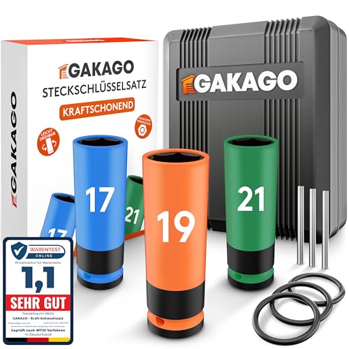 Gakago Kraft-Schoneinsatz - 17mm 19mm 21mm Radschrauben Nuss Set mit Kunststoff-Felgenschutz - 1/2 Zoll Steckschlüssel-Einsatz für Drehmoment- und Schlagschrauber mit Sicherheitsstift und Ring