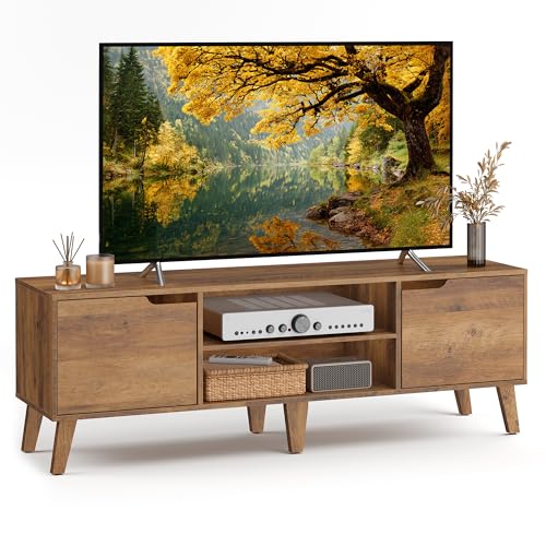 VASAGLE TV-Schrank, Lowboard, Fernsehschrank mit Verstellbarer Ablage, für Fernseher bis zu 65 Zoll, 147 cm lang, Übergangsstil, Fernsehtisch, Wohnzimmer, honigbraun LTV556K01