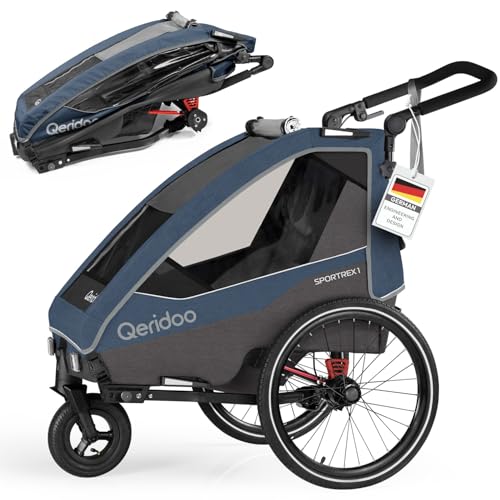 Qeridoo Sportrex 1 Jeans Blue | Fahrradanhänger 1 Kind | Sicher & flexibel | Besonders gut als Trailer | Federung & 3-in-1-Verdeck | Fahrradanhänger Kinder | Fahrrad Anhänger | Kinderfahrradanhänger