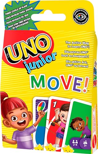 UNO Junior Move! - Aktive Variante des Kartenspiels, 3 Schwierigkeitsstufen für Einstieg jüngerer Spieler, Bewegungskarten, für Kinder ab 3 Jahren, HNN03