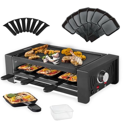 TAMARIT Pizza Raclette Grill für 8 Personen 3-in-1 Elektrischer Tischgrill mit Doppelheizung, BPA-freier Antihaftbeschichtung, Temperaturregler 1500W Schwarz